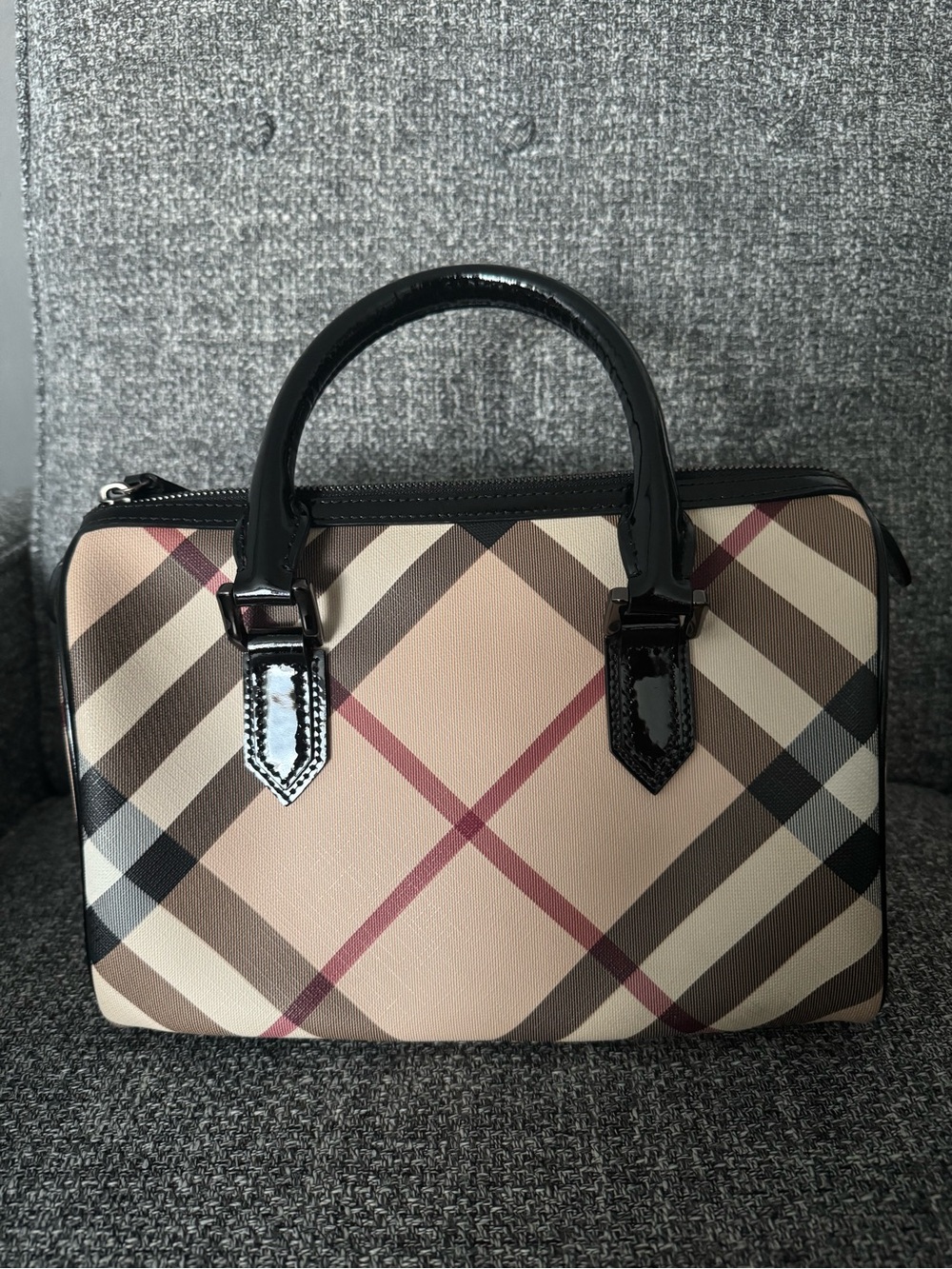 Burberry Beige Plaid Satchel with Black Patent Handles